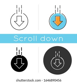 Down arrow in circle icon. Moving arrowhead in round shape. Mobile app page browsing indicator. Website pointer. Scrolldown button. Linear black and RGB color styles. Isolated vector illustrations