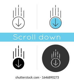 Down arrow in circle icon. Page browsing direction. Website pointer. Web cursor. Scrolldown interface directional button in round shape. Linear black and RGB color style. Isolated vector illustrations
