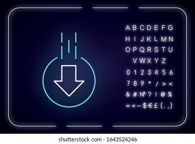 Down arrow in circle neon light icon. Moving arrowhead in round shape. Scrolldown button. Outer glowing effect. Sign with alphabet, numbers and symbols. Vector isolated RGB color illustration