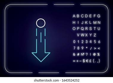 Down arrow and circle neon light icon. Vertical scrolling gesture for touch screen. Outer glowing effect. Sign with alphabet, numbers and symbols. Vector isolated RGB color illustration