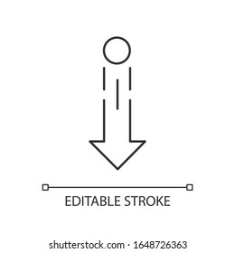 Down arrow and circle pixel perfect linear icon. Vertical scrolling gesture for touch screen. Thin line customizable illustration. Contour symbol. Vector isolated outline drawing. Editable stroke