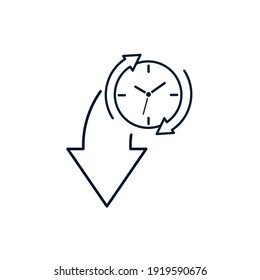 Down arrow, clock. Deadline concept. Vector icon isolated on white background. 