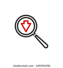 down arrow cursor with magnifier glass outline flat icon. Single quality outline logo search symbol for web design mobile app. Thin line design logo sign. Loupe lens icon isolated on white background.