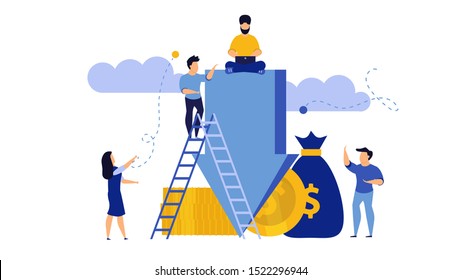 Down arrow decrease vector interest discount rate percent low. Man and woman with coins and money illustration concept graph chart crisis economic. Bad stock investment recession price. Fail budget 