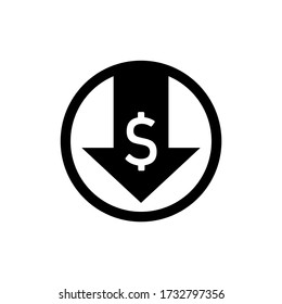 Down arrow, dollar depreciation icon. Money value down on isolated white background. EPS 10 vector.