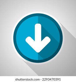Flecha abajo, símbolo de descarga, icono azul vectorial de diseño plano con sombra larga