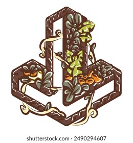 A down arrow and downward icon or button which is formed by a partially transparent shape, with a botanical and tropical element design.