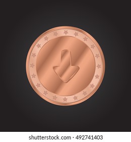 Down Arrow embossed realistic bronze coin precious Icon / Logo Design