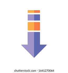 Down arrow flat design cartoon RGB color icon. Internet page browsing, website pointer. Way direction indicator. Downloading process, web cursor. Scrolldown button. Vector silhouette illustration