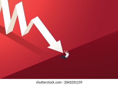 Down Arrow Graph Pushing A Businessman Off A Cliff. Concept Of Economic Crisis And Financial Recession, Bankruptcy, Loss. Isometric Vector Illustration.