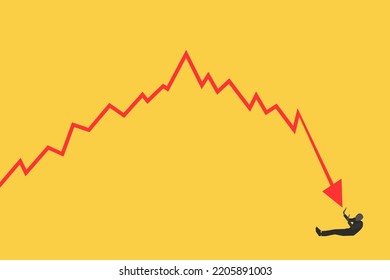 Un gráfico de flecha abajo empujando a un hombre de negocios. crisis económica y recesión financiera, quiebra, concepto de pérdida.