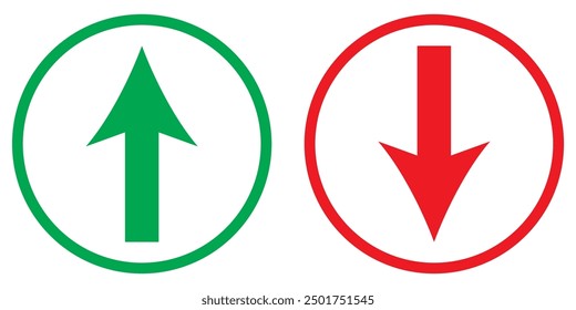 Flecha arriba y abajo. Flecha arriba y abajo verde y rojo. Flecha verde que apunta hacia arriba y flecha roja que apunta hacia abajo.