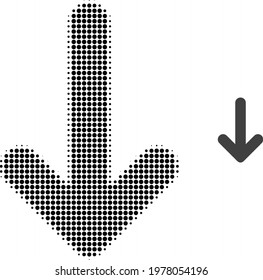 Down arrow halftone dot icon illustration. Halftone pattern contains round dots. Vector illustration of down arrow icon on a white background. Flat abstraction for down arrow object.