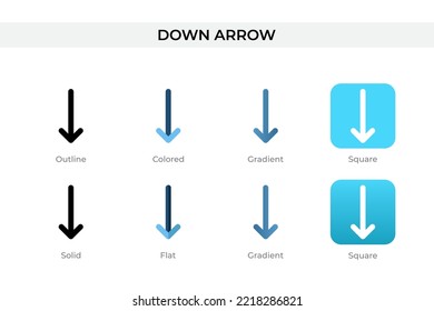 down arrow icon in different style. down arrow vector icons designed in outline, solid, colored, gradient, and flat style. Symbol, logo illustration. Vector illustration