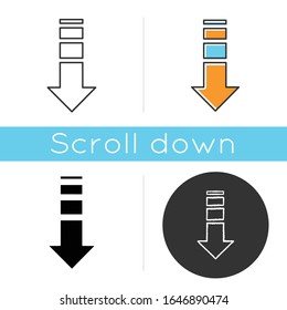Down arrow icon. Internet page browsing, website pointer. Way direction indicator. Downloading process, web cursor. Scrolldown button. Linear black and RGB color styles. Isolated vector illustrations