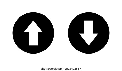 Icono de flecha arriba y abajo en círculo negro. Símbolo de signo ascendente y descendente