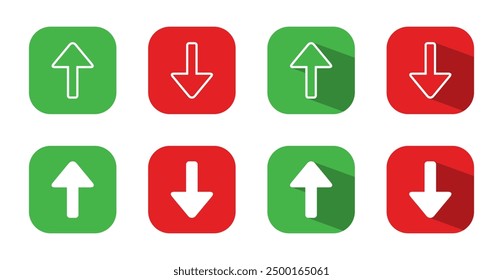 Up and down arrow icon on square background. Upward and downward sign symbol with long shadow