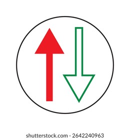 up and down arrow icon. red and green up and down arrow. upload, upward, pointing up, proceed up. download, downward, pointing down, proceed down