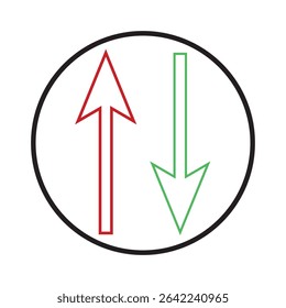 up and down arrow icon. red and green up and down arrow. upload, upward, pointing up, proceed up. download, downward, pointing down, proceed down