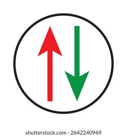 up and down arrow icon. red and green up and down arrow. upload, upward, pointing up, proceed up. download, downward, pointing down, proceed down