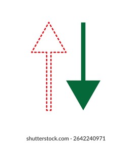 up and down arrow icon. red and green up and down arrow. upload, upward, pointing up, proceed up. download, downward, pointing down, proceed down