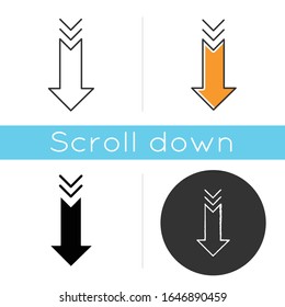 Down arrow icon. Scrolldown gesture, interface navigational button. Way direction indicator. Downloading process, web cursor. Linear black and RGB color styles. Isolated vector illustrations