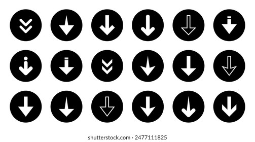 Down arrow icon set collection on black circle. Decrease concept