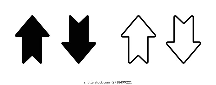 Up and down arrow icon set showing navigation and direction symbols, flat vector illustration with solid and outline styles for user interface, buttons, controls, sorting and movement concept, isolated on white background
