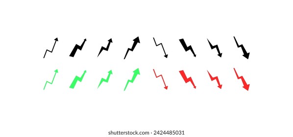 Up and down arrow icons. Different styles, green and red, up and down arrows, arrow design for graph. Vector icons