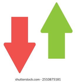 Ícones de seta para baixo e para cima. Símbolos de sinais de queda e ascensão.