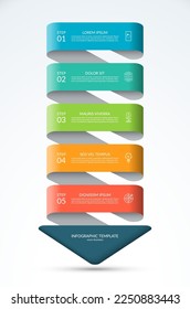 Down arrow infographic concept. Business template with 5 steps, options, parts. Can be used for diagram, chart, web design. Vector illustration.