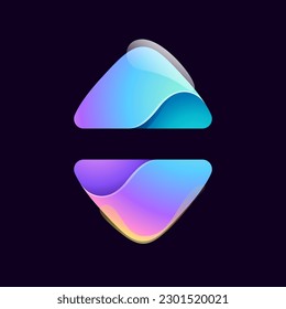 Up and down arrow logo. Yin and yang emblem. Tech colorful lilac gradient icon. Vector element for your Finance app, vibrant game branding, Stock market identity, business t-shirts, globe blockchain.