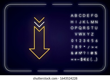 Icono de luz de neón con flecha abajo. Gesto de desplazamiento, botón de navegación de interfaz. Cursor Web. Efecto luminoso exterior. Signo con alfabeto, números y símbolos. Ilustración de color RGB aislada por vectores