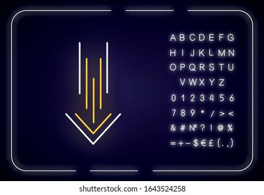 Down arrow neon light icon. Scrolldown interface navigational button. Downloading process, cursor. Outer glowing effect. Sign with alphabet, numbers and symbols. Vector isolated RGB color illustration