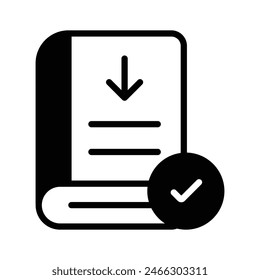 Down arrow on book with tickmark, concept icon of book download