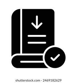 Down arrow on book with tickmark, concept icon of book download