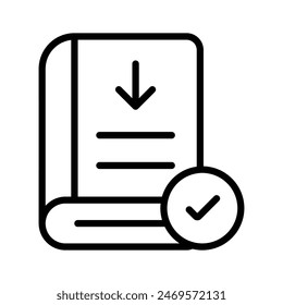 Flecha abajo en el libro con tickmark, icono de concepto de Descarga de libro
