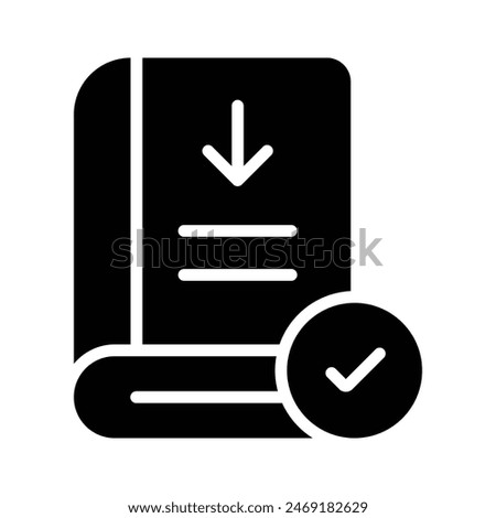 Down arrow on book with tickmark, concept icon of book download