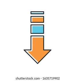 Down arrow orange and blue RGB color icon. Internet page browsing, website pointer. Way direction indicator. Downloading process, web cursor. Scrolldown button. Isolated vector illustration