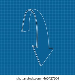 Down arrow. Outline icon on blueprint background. Vector illustration