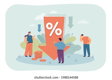 Down arrow with percentage decrease. Characters upset about profit reduction flat vector illustration. Financial loss, percent drop, discount concept for banner, website design or landing web page