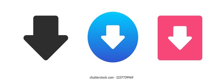 Down arrow pointer direct navigational movement straight vertical element icon set vector flat illustration. Downward under bottom cursor download motion symbol website navigation panel button