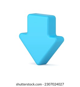 Down arrow pointer downward navigation isometric button blue 3d icon realistic vector illustration. Download cursor geometric straight bottom point movement under previous direct web interface menu