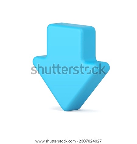 Down arrow pointer downward navigation isometric button blue 3d icon realistic vector illustration. Download cursor geometric straight bottom point movement under previous direct web interface menu