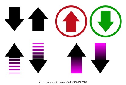 Flecha arriba y flecha abajo, iconos de flecha de advertencia de dirección de empuje y tirón.