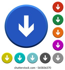 Down arrow round color beveled buttons with smooth surfaces and flat white icons