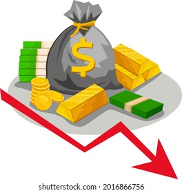 Flecha abajo. El calendario de la caída del presupuesto. Inversión. El declive del mercado y de la economía. Ganar dinero en negocios e inflación. El icono de reducción de beneficios.