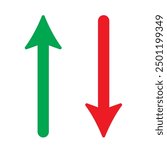 Up and down arrow set. Green arrow pointing up and red arrow pointing down. Long arrow icon.