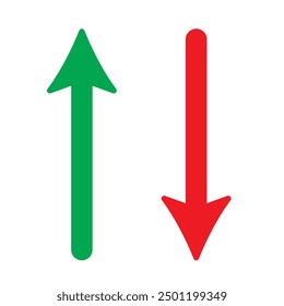 Up and down arrow set. Green arrow pointing up and red arrow pointing down. Long arrow icon.