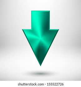 Down arrow sign with green (emerald) metal texture (silver, chrome, steel, iron, bronze), realistic shadow and light background for web interfaces (UI) and applications (apps). Vector illustration.